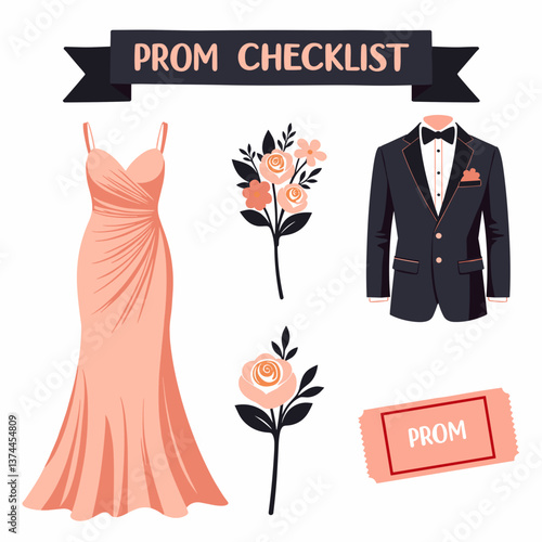 Prom Outfit Checklist with Dress, Flowers, Suit, and Ticket  