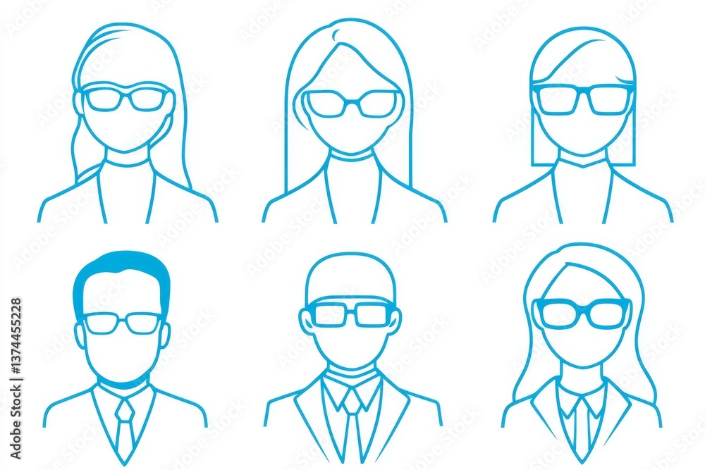 A collection of blue line art icons featuring silhouette people avatars, isolated on a white background A collection of blue line art icons featuring silhouette people avatars, isolated on a white background