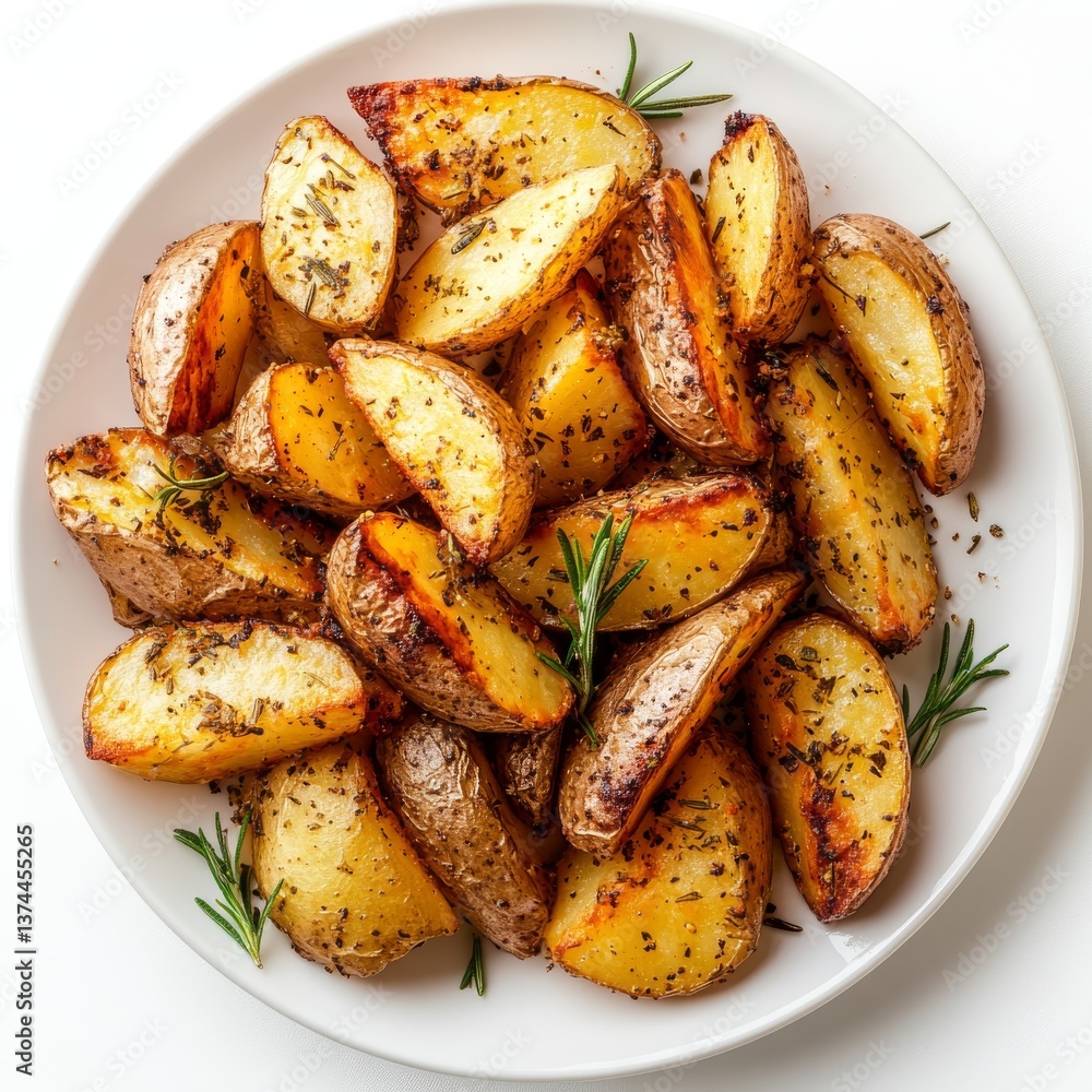 A top-down view of a roasted potato on a plate, isolated against a white background A top-down view of a roasted potato on a plate, isolated against a white background