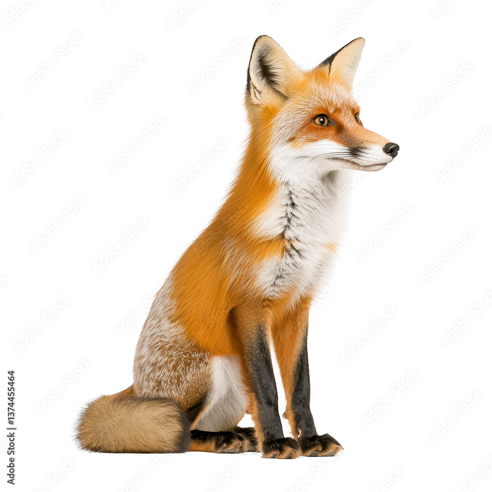 Fototapeta premium A realistic illustration of red fox sitting, showcasing its vibrant orange fur, bushy tail, and alert expression. detailed depiction highlights fox natural beauty and grace