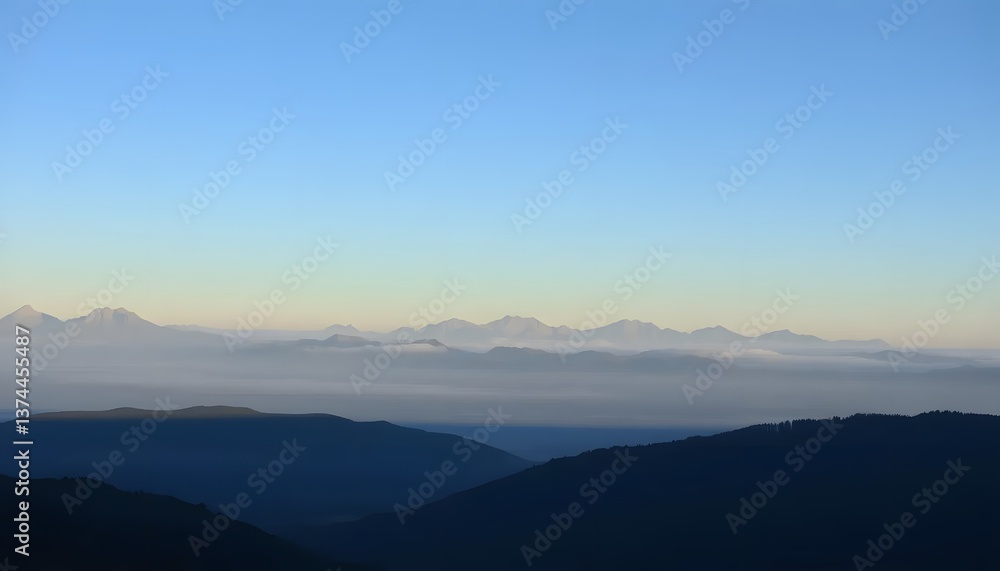 Mountain Range Silhouette at Sunrise with Cloud Layer in Valley Mountain Range Silhouette at Sunrise with Cloud Layer in Valley