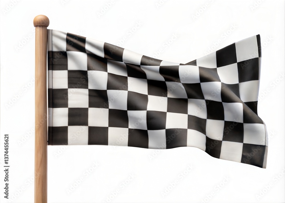 Fototapeta premium A high-quality, digitally rendered checkered racing flag, with realistic fabric texture and a dynamic, flowing motion, against a pure white background.