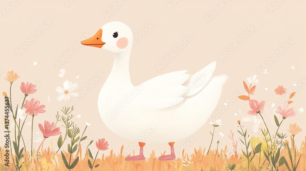 Obraz premium Charming Goose Illustration: Adorable Children's Book Art, Simple Animal Drawing, Cute Farm Bird Image, Whimsical Goose Character, Playful Kids' Design. 