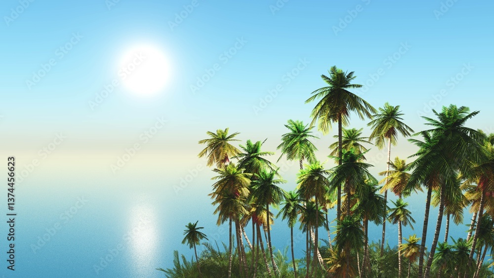 Fototapeta premium Palm trees and sea at sunset, beach with palm trees, 3d rendering