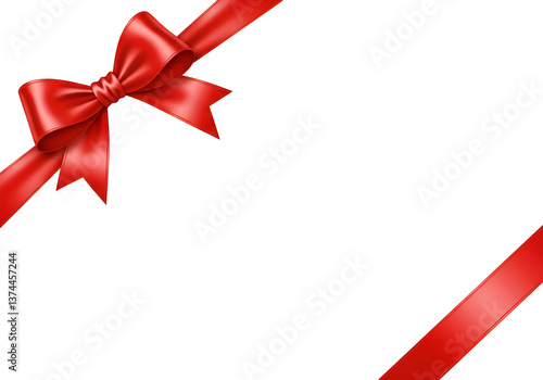 A decorative red ribbon with glossy satin finish tied into a bow at top left and diagonal ribbon at lower right on transparent backdrop