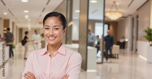 Smiling Hotel Receptionist in Elegant Lobby     Professional Female Concierge in Pink Blouse for Hospitality Recruitment  Summer Resort Employment  and Hotel Career Advertisements