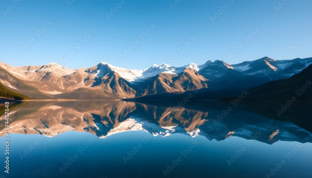 Obraz premium Mountain Reflection in Calm Lake Water at Sunrise Scenic Landscape