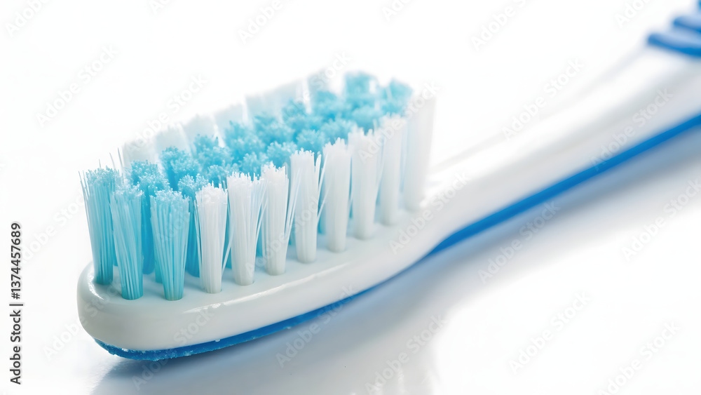 close up view of toothbrush featuring soft bristles in blue and white colors, showcasing its design and texture for effective cleaning close up view of toothbrush featuring soft bristles in blue and white colors, showcasing its design and texture for effective cleaning