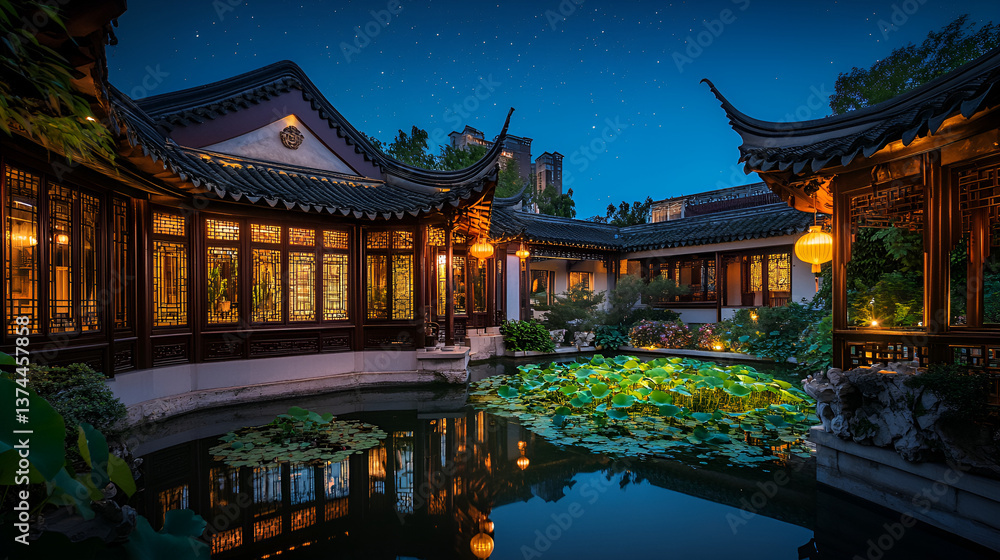 Obraz premium Traditional Chinese garden courtyard with lotus pond at night