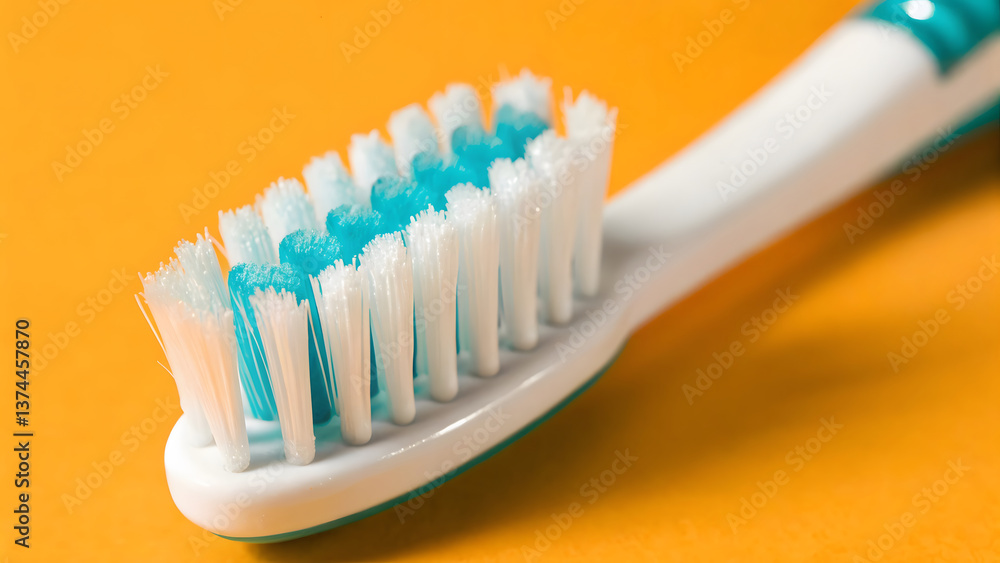 close up view of toothbrush with soft bristles against vibrant orange background, highlighting its design and color close up view of toothbrush with soft bristles against vibrant orange background, highlighting its design and color