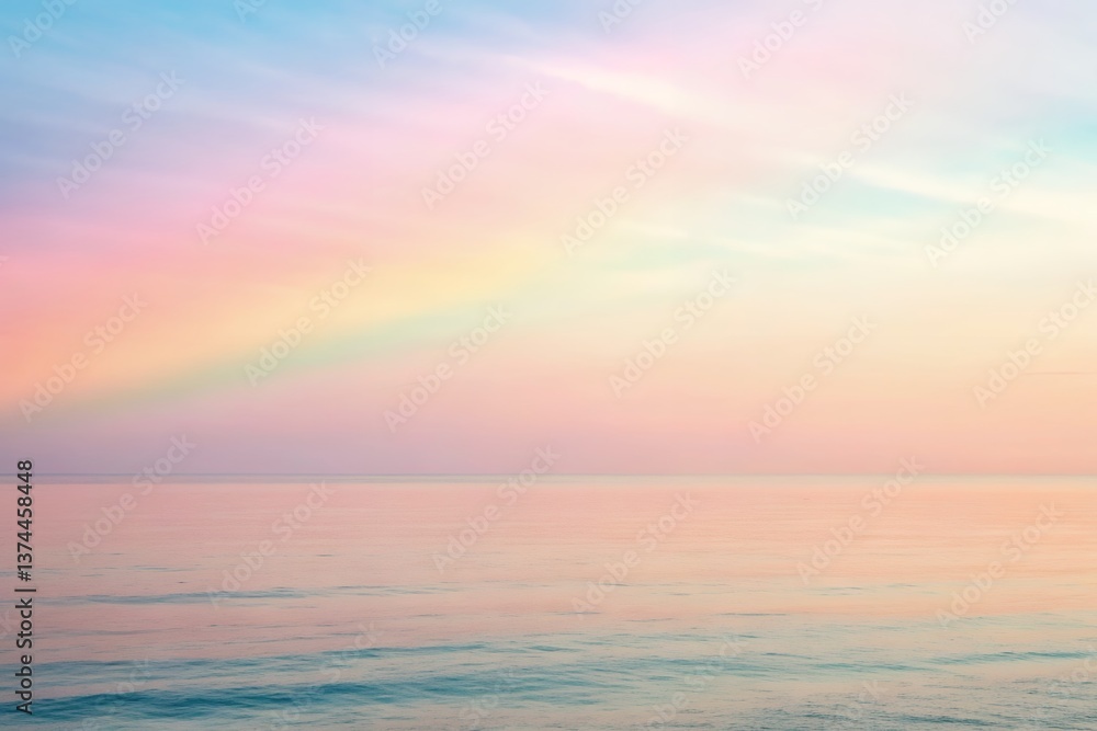 Pastel dreamscape of a tranquil ocean meeting a rainbow-hued sunset, showcasing serene beauty in soft, dreamy tones. Pastel dreamscape of a tranquil ocean meeting a rainbow-hued sunset, showcasing serene beauty in soft, dreamy tones.