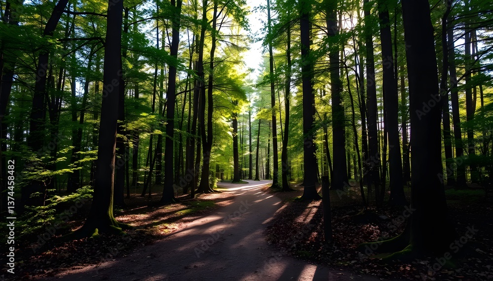 Obraz premium Walking Path Through Dense Forest with Sunlight Streaming Through Trees