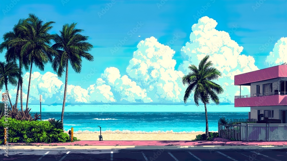Naklejka premium Ocean Drive Paradise: Tropical Beach Scene with Palm Trees, Coastal Highway Art, Breezy Seascape Illustration, Vacation Getaway Graphic, Sunny Shoreline View. 