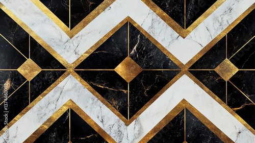 Art Deco Marble: Black and White Tile Pattern, Geometric Design, Elegant Flooring, Classic Interior Decor, Stylish Surface Texture.
