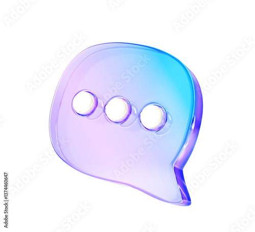 3d glass holographic speech bubble, chat icon for text, message, dialog. Iridescent crystal web notification symbol with gradient texture. Square communication social dialogue render
