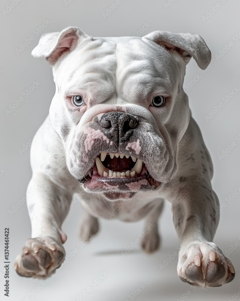 Fototapeta premium A snarling Pitbull terrier, displaying sharp teeth, captured in an aggressive pose against a white background