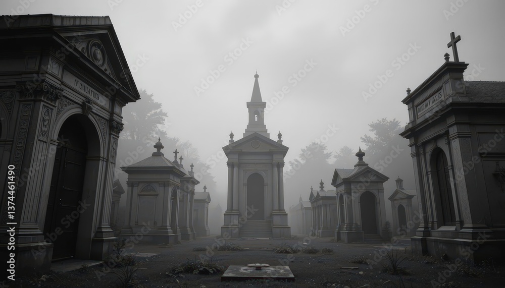 Obraz premium Grayscale Image of Above Ground Tombs in a Cemetery
