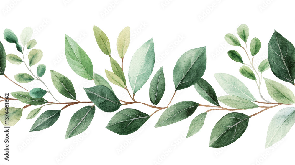 Naklejka premium Green branch leaves arrangement, watercolor painting style, cut out transparent