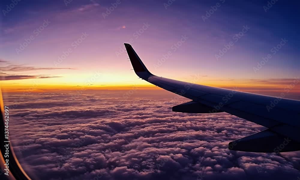 A captivating view from an airplane window showcasing a vibrant sunrise over cloud formations. A captivating view from an airplane window showcasing a vibrant sunrise over cloud formations.