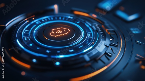 A futuristic interface featuring a circular control panel with blue and orange accents, displaying a digital readout labeled 