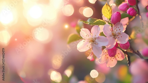 A close-up of delicate pink and white blossoms illuminated by soft sunlight, creating a dreamy atmosphere with blurred bokeh in the background.