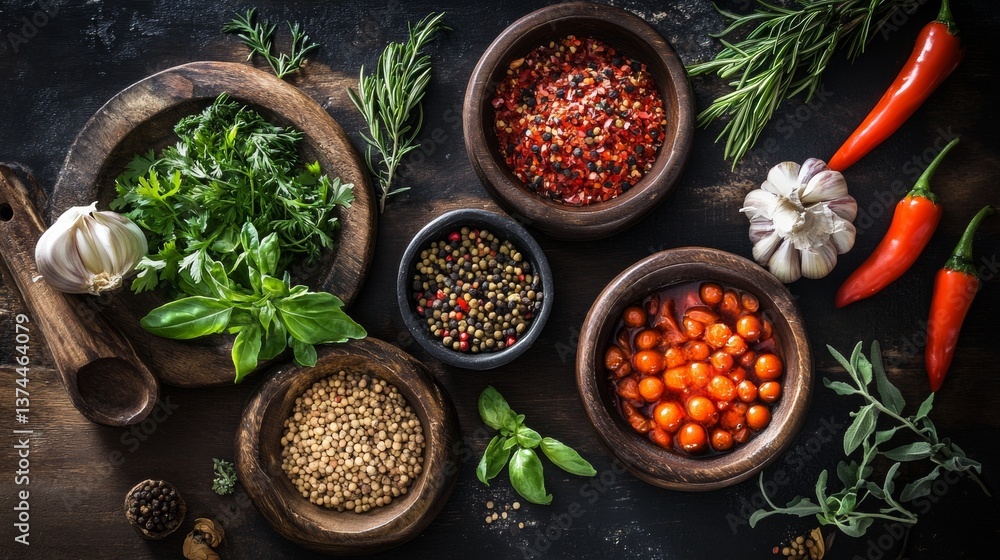 Flat lay of spices and herbs in wooden bowls on dark background Flat lay of spices and herbs in wooden bowls on dark background