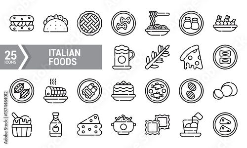25 Line Icons of Popular Italian Foods and Dishes.