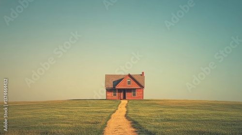 A farmhouse standing alone in an endless sea of green, with a simple dirt road leading up to the front door, under a clear sky 