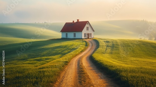 A farmhouse standing alone in an endless sea of green, with a simple dirt road leading up to the front door, under a clear sky