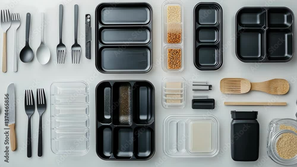 A flat lay of neatly packed meal prep containers on a clean white table. digital A flat lay of neatly packed meal prep containers on a clean white table. digital