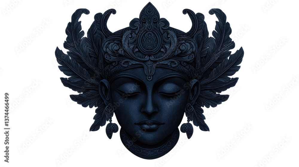 Fototapeta premium Serene blue statue of female face with feathers, cut out transparent