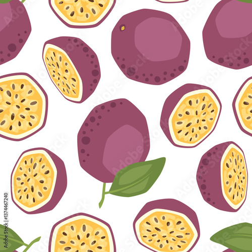 Vector seamless pattern with passion fruits on white background