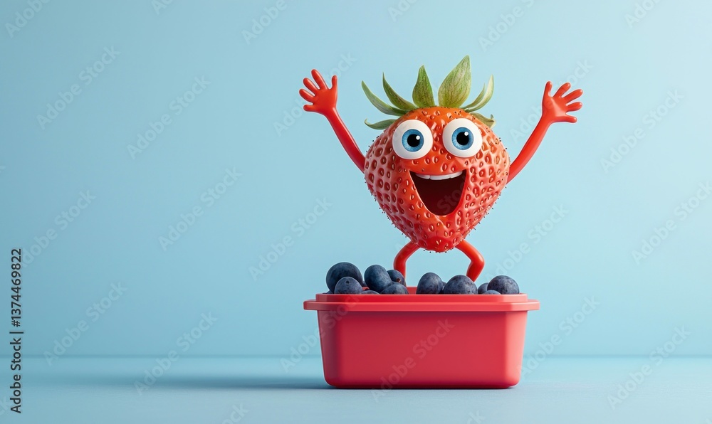 A cheerful strawberry cartoon bursts with joy amidst blueberries against a bright blue backdrop. A cheerful strawberry cartoon bursts with joy amidst blueberries against a bright blue backdrop.
