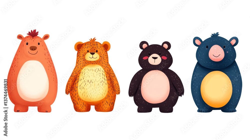 Naklejka premium Bears, Different Colors, Furry Friends Characters, Cute Animals, cut out transparent