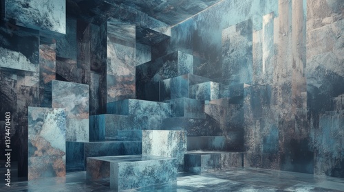 Abstract geometric blue-toned stone staircase background
