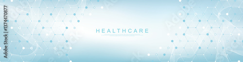 Modern health care or medical background design. Health care innovation concept. Horizontal header web banner. Abstract geometric background with hexagon shapes for medicine, science, chemistry.
