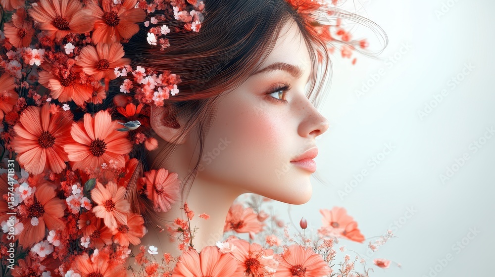 Woman profile adorned with coral flowers, soft, bright portrait Woman profile adorned with coral flowers, soft, bright portrait