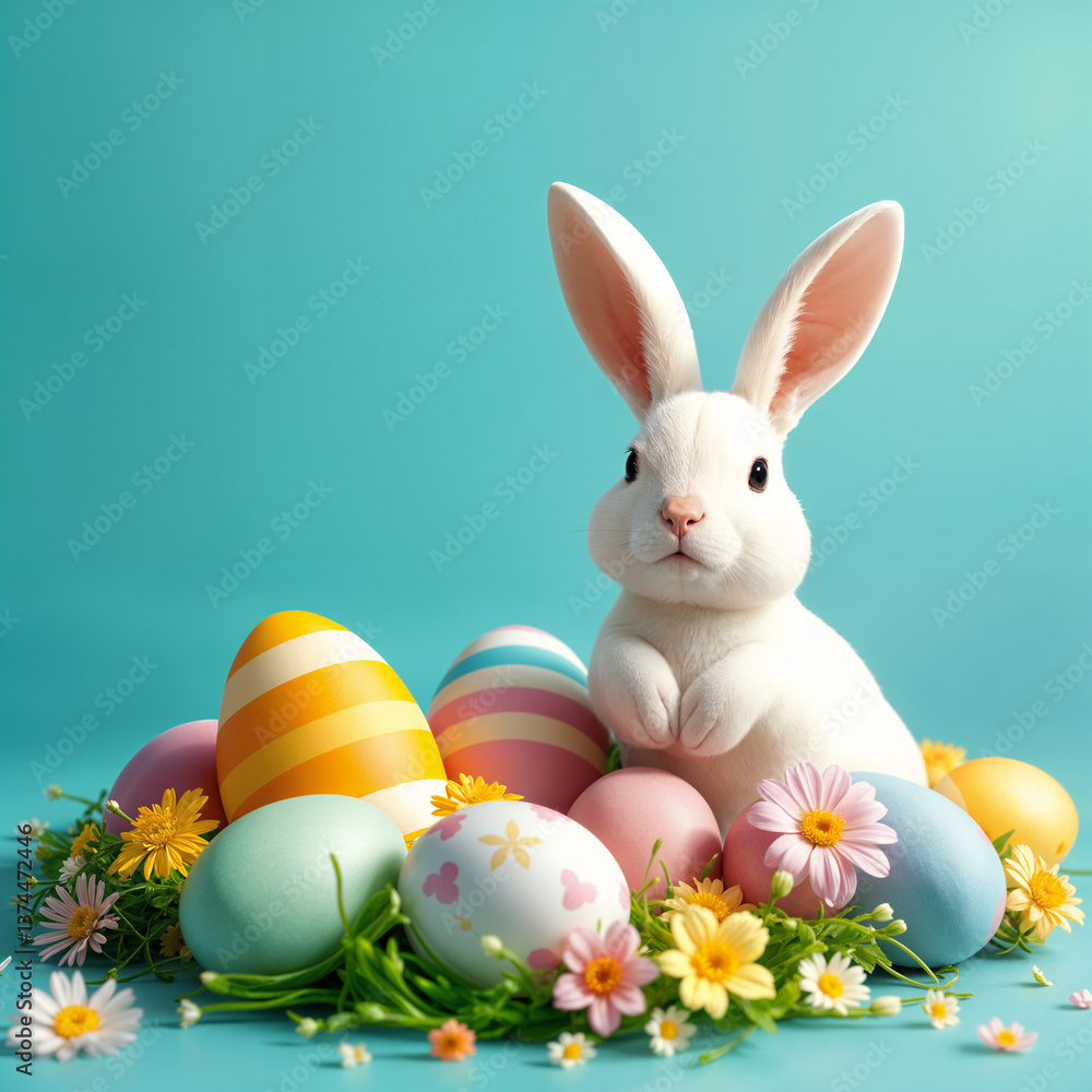 Obraz premium Easter bunny with multicolored Easter eggs and spring flowers on a blue background. Easter concept. Background image for greeting card, spring postcard, banner, flyer, advertisement.