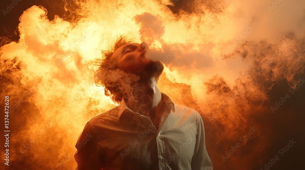 A striking portrait features a man with smoke emanating from his face, illuminated by dramatic lighting, creating an emotional atmosphere that reflects introspection and creativity. A striking portrait features a man with smoke emanating from his face, illuminated by dramatic lighting, creating an emotional atmosphere that reflects introspection and creativity.