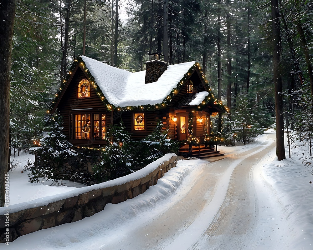 Snowy Cabin with Winter Wonderland.