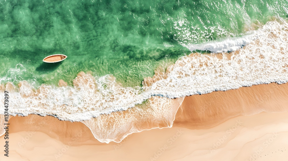 Fototapeta premium Aerial View of a Serene Beach with Gentle Waves and a Small Boat in Crystal Clear Water