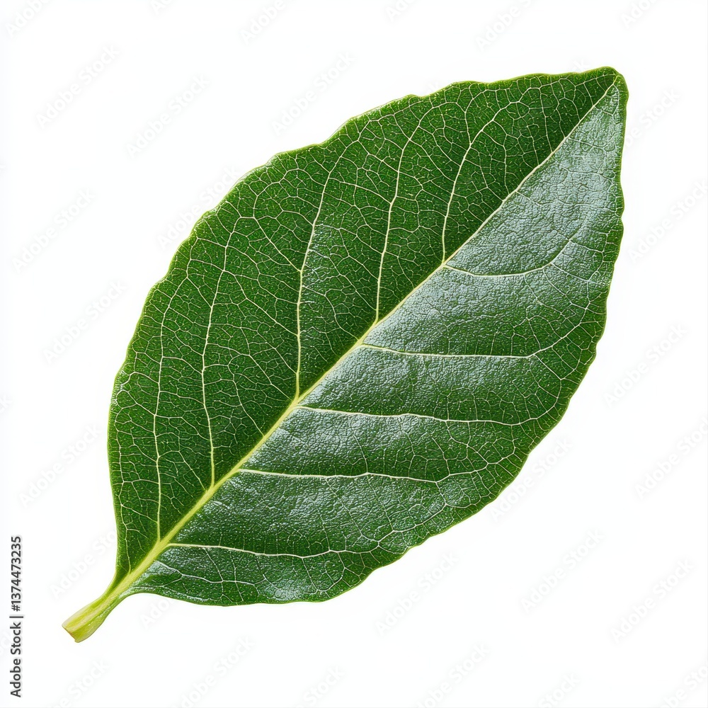 A close-up view of a single bay leaf isolated on a white background emphasizing its unique texture and culinary uses A close-up view of a single bay leaf isolated on a white background emphasizing its unique texture and culinary uses
