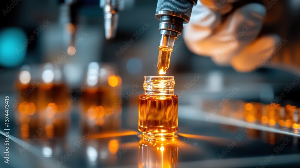 This close-up image shows a hand delicately dispensing an oil droplet into a glass jar, highlighting the precision involved in scientific experimentation and the beauty of liquid textures. This close-up image shows a hand delicately dispensing an oil droplet into a glass jar, highlighting the precision involved in scientific experimentation and the beauty of liquid textures.