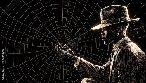 Mysterious Anansi the trickster god weaves a glowing web of fate in a film noir style digital painting