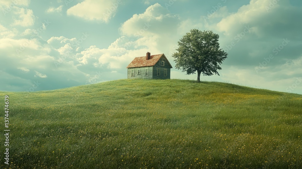 A rustic farmhouse perched on a hill in the middle of a large green field, with a single tree nearby and a wide-open view A rustic farmhouse perched on a hill in the middle of a large green field, with a single tree nearby and a wide-open view