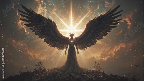 Surreal portrait of Lucifer as the Morning Star in a twilight realm with celestial yet shadowed wings symbolizing duality