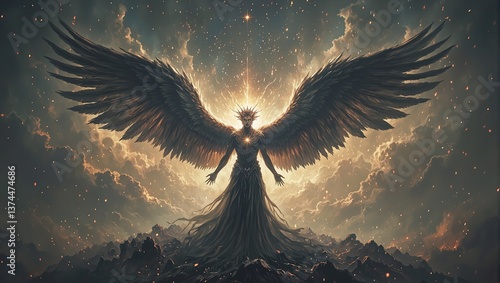 Surreal portrait of Lucifer as the Morning Star in a twilight realm with celestial yet shadowed wings symbolizing duality