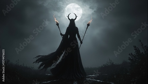 Silhouette of Greek goddess Hecate holding torches at moonlit crossroads blending into shadows Mythical and mysterious scene
