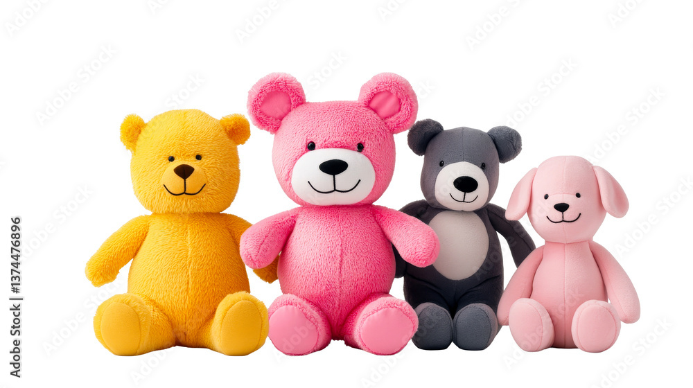 Teddy bears and puppy plush toys in a row isolated , cut out transparent Teddy bears and puppy plush toys in a row isolated , cut out transparent