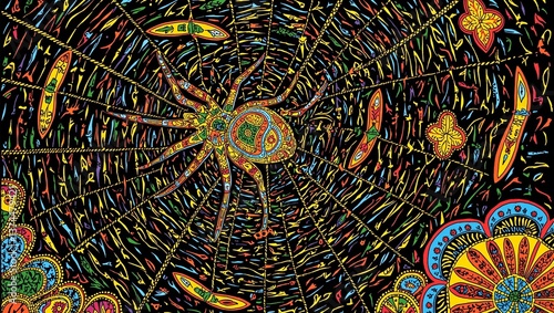 Bright kente cloth web woven by Anansi the spider entwined with folklore melodies and firefly lit proverbs in Twi script
